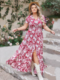 Plus Size Slit Printed V-Neck Maxi Dress 