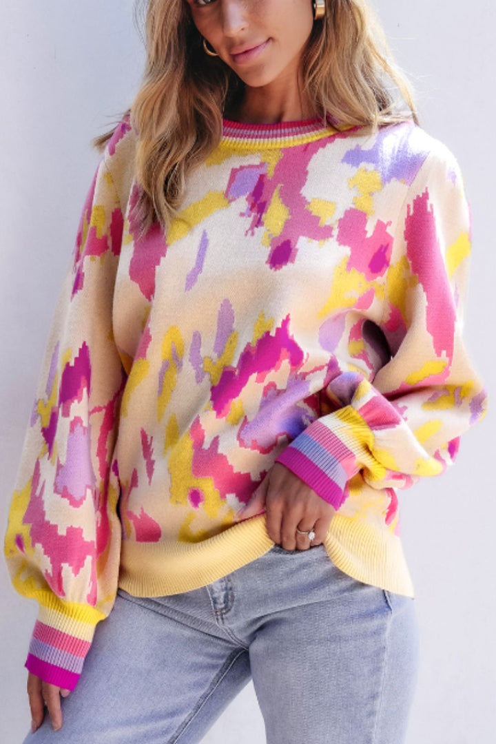 Contrast Round Neck Long Sleeve Sweater 