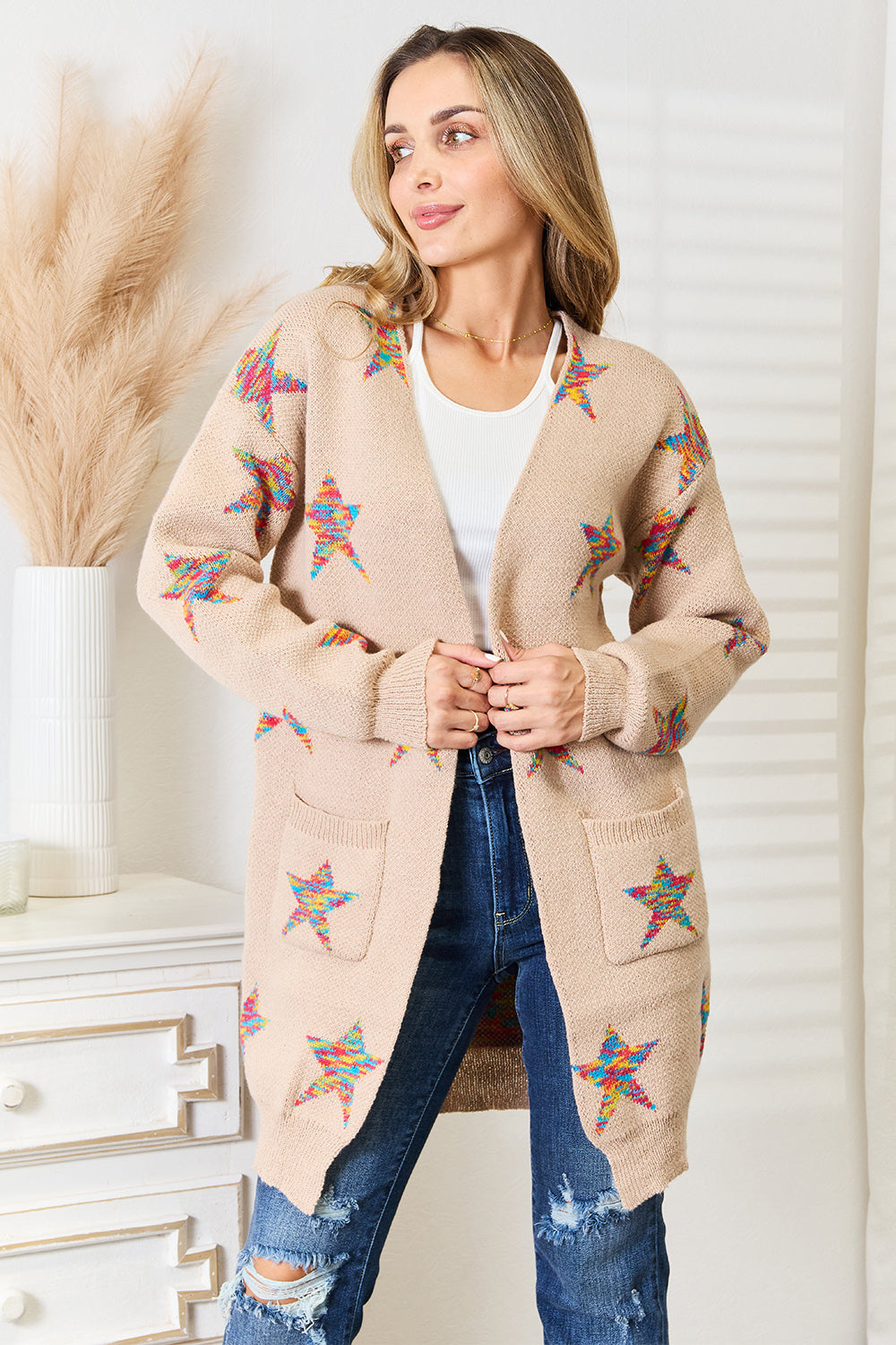 Angel Wings Star Pattern Open Front Longline Cardigan 