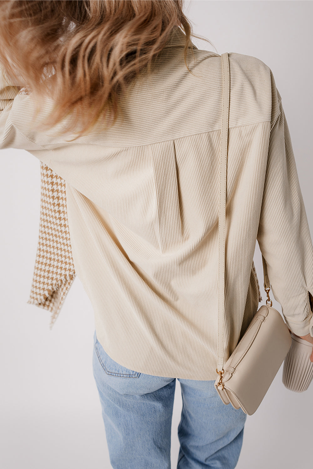 Parchment Houndstooth Corduroy Patchwork Flap Pocket Shacket Outerwear/Jackets