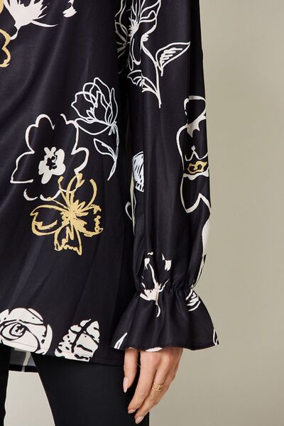Double Take Full Size Printed Flounce Sleeve Blouse 