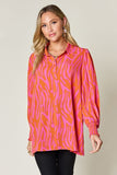 Double Take Full Size Printed Smocked Long Sleeve Blouse 