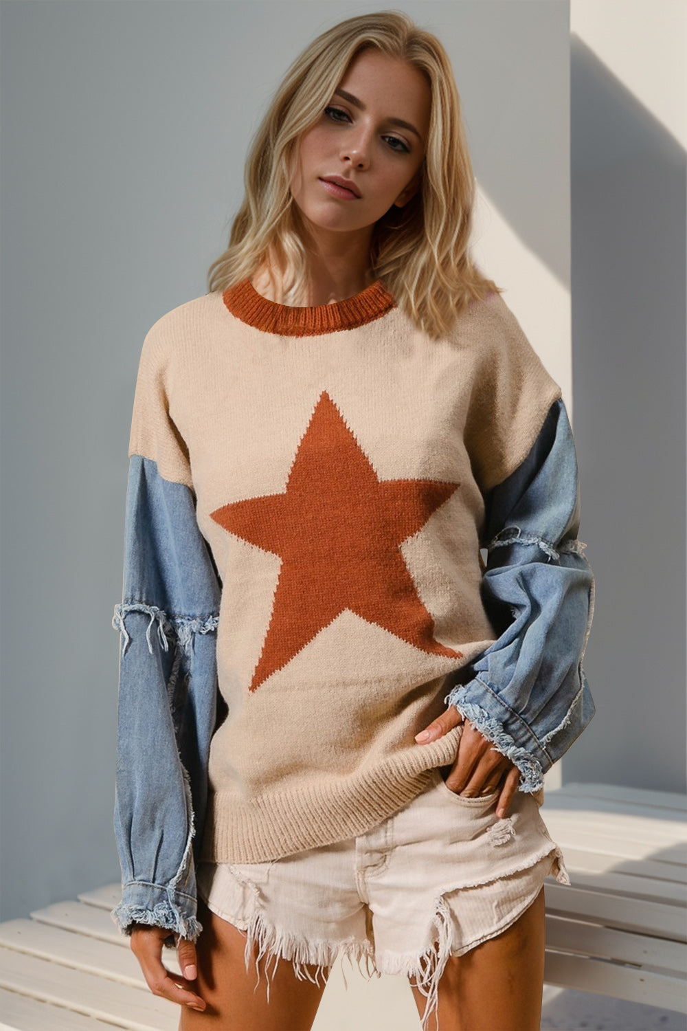 Double Take Full Size Star Pattern Raw Edge Long Sleeve Sweater 