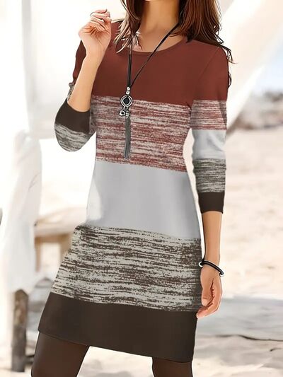 Color Block Round Neck Long Sleeve Dress Dresses