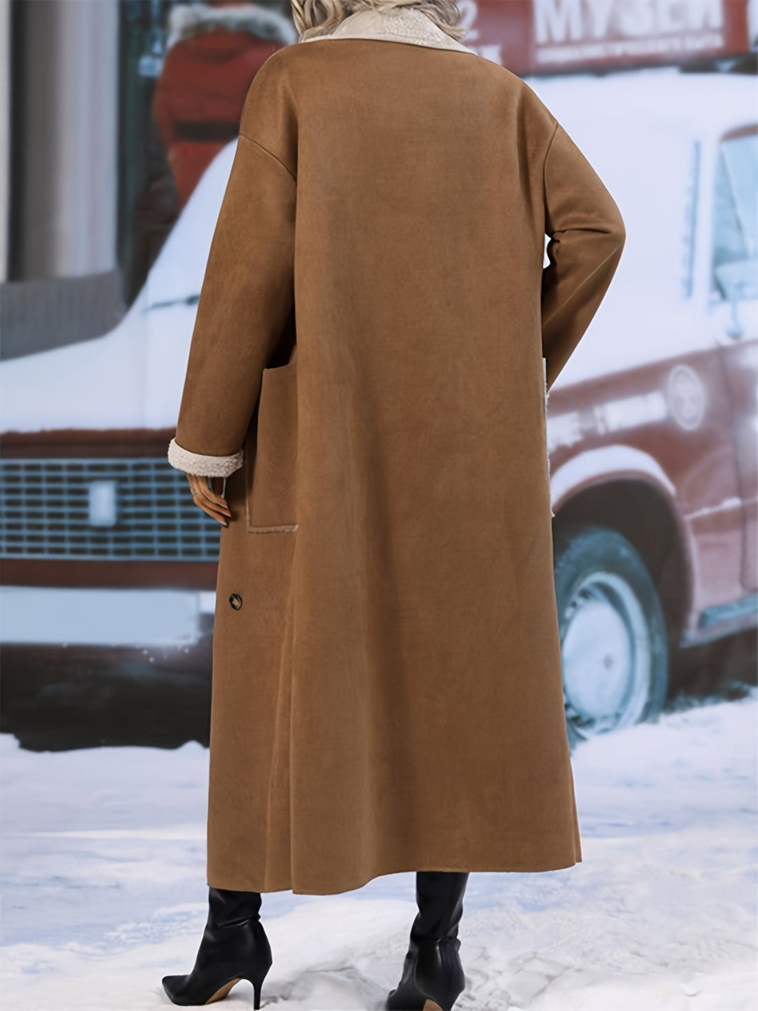 Plus Size Drop Shoulder Sherpa Longline Coat 