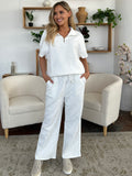 Double Take Full Size Texture Half Zip Short Sleeve Top and Pants Set 