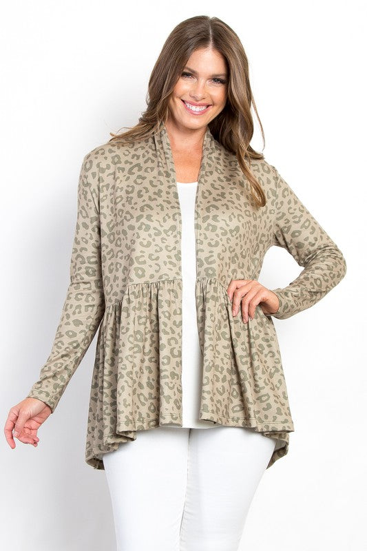 Be Stage Full Size Peplum Leopard Open Front Long Sleeve Cardigan 