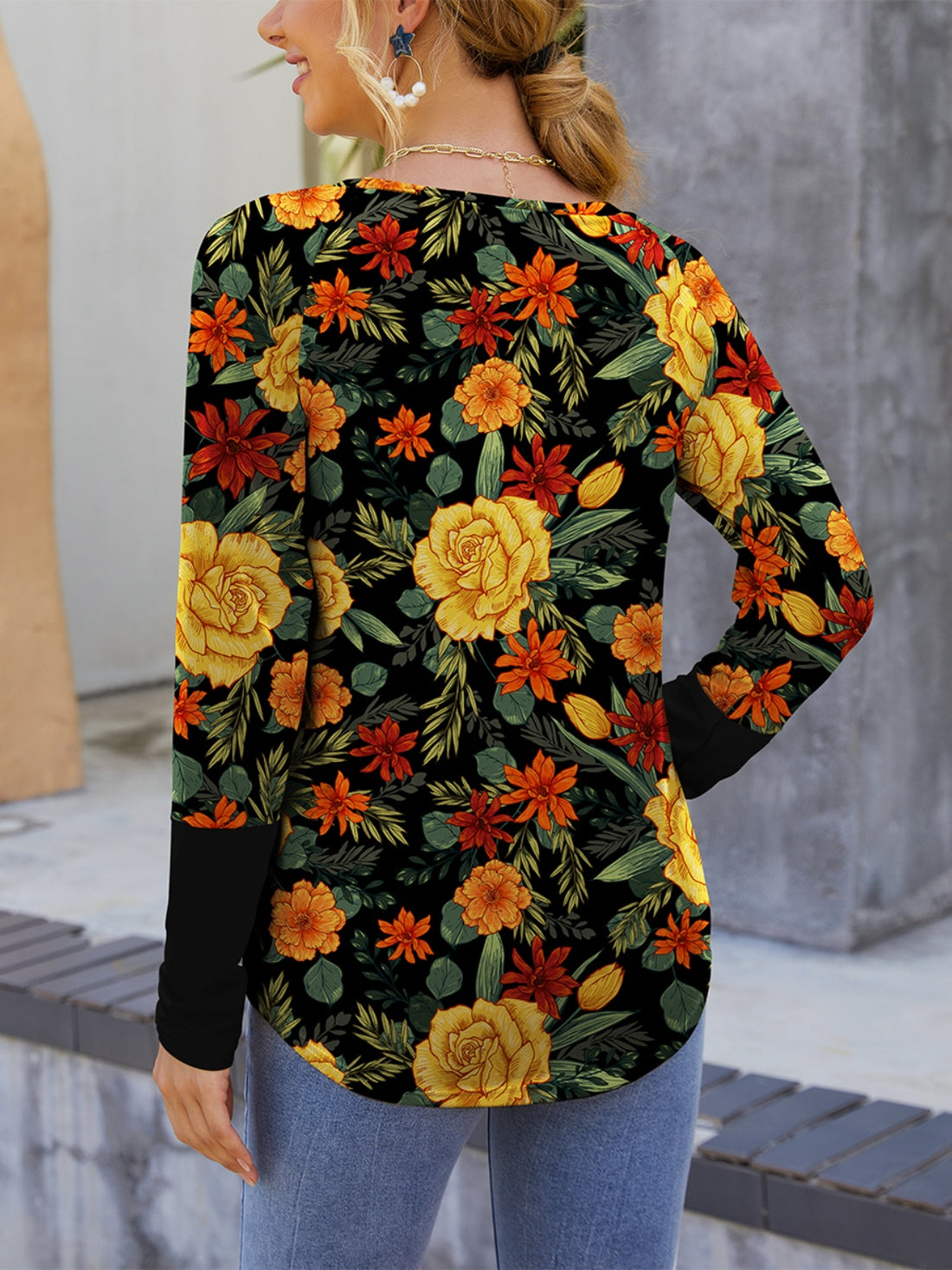 FAM-FAM Printed Round Neck Long Sleeve T-Shirt 
