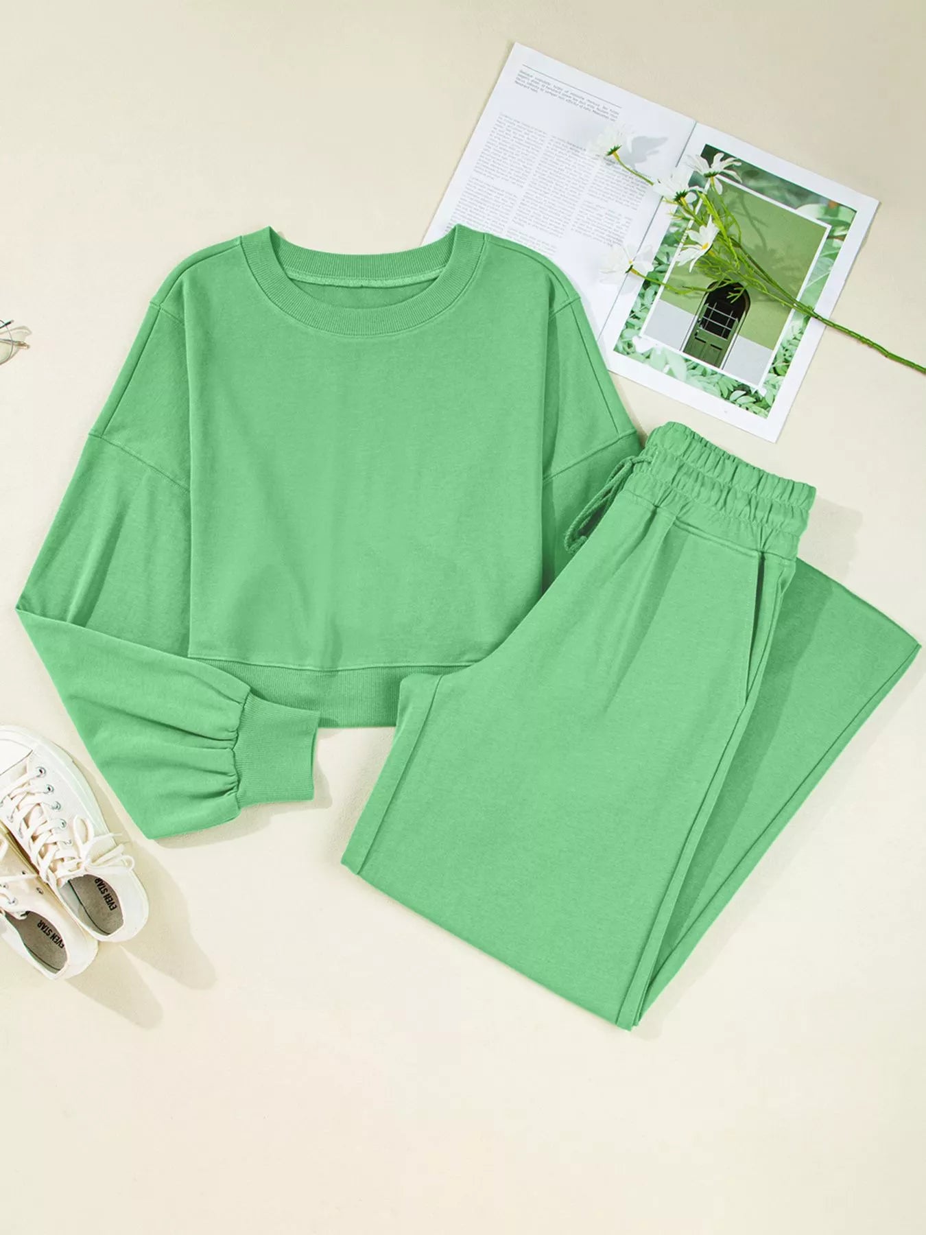 Drop Shoulder Puff Sleeve Crop Top and Drawstring Wide Leg Pants Set 