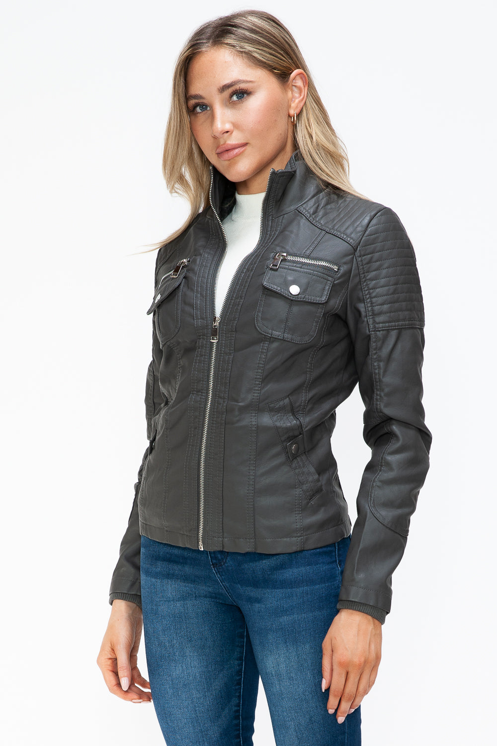 YMI Removable Faux Layered Multi-Pocket Jacket with Fuzzy Hood 