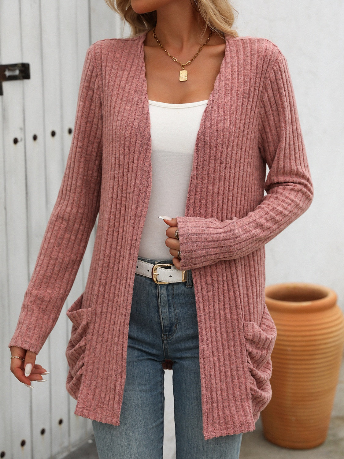 Mandy Open Front Long Sleeve Ribbed Cardigan 