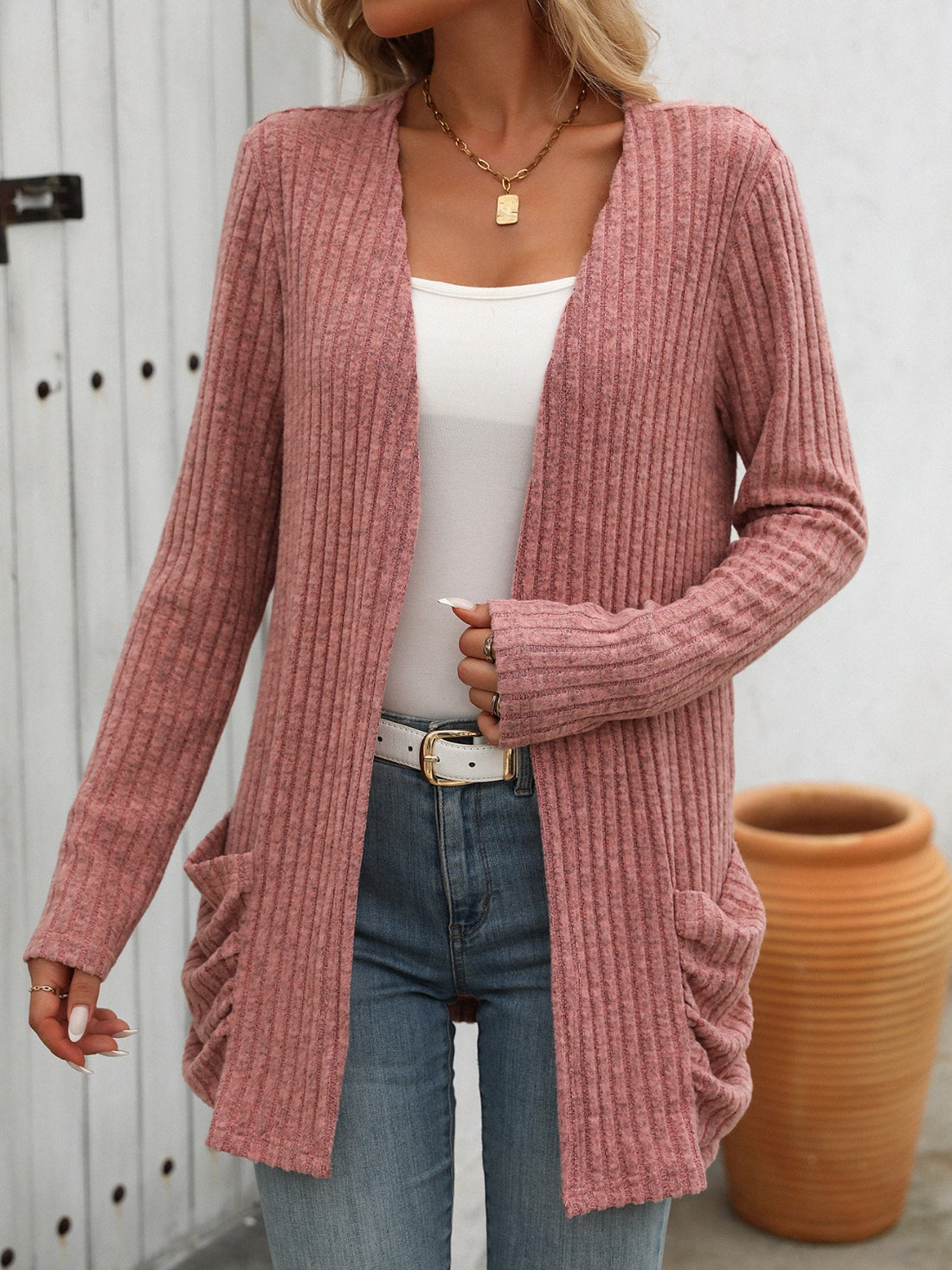 Mandy Open Front Long Sleeve Ribbed Cardigan 