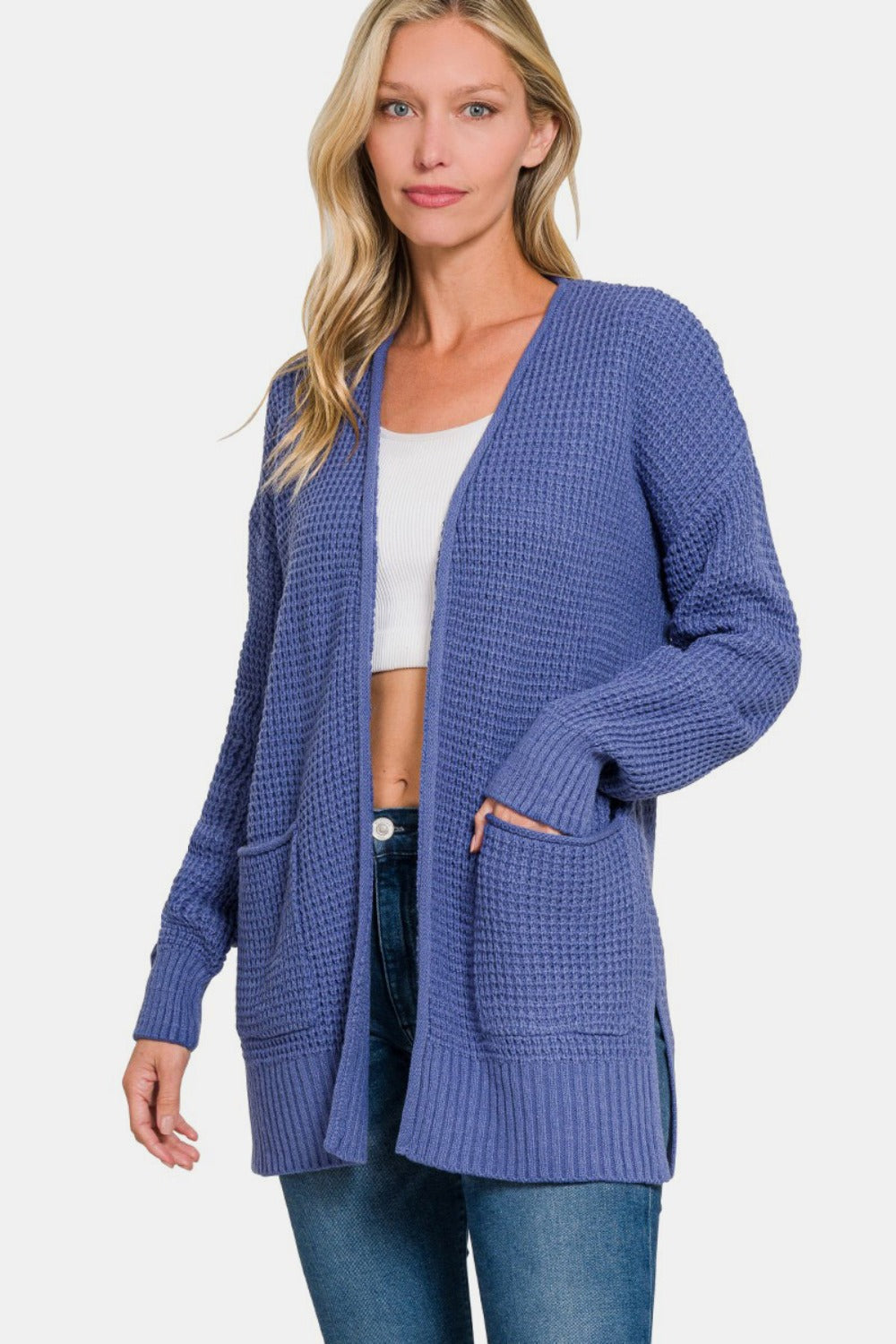 Zenana Waffle Open Front Sweater Cardigan 