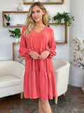 Double Take Full Size V-Neck Balloon Sleeve Tiered Dress with Pockets 
