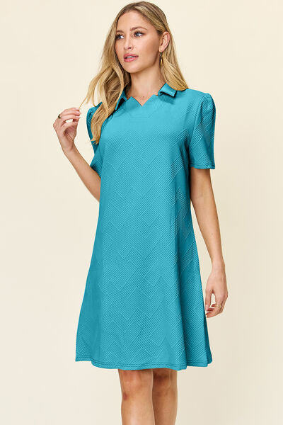 Double Take Full Size Texture Collared Neck Short Sleeve Dress 