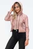Snobbish Faux Leather Zip Up Drawstring Hooded Jacket 