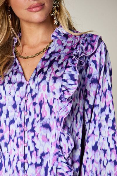 Double Take Full Size Printed Ruffle Trim Balloon Sleeve Shirt 