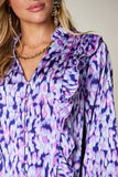 Double Take Full Size Printed Ruffle Trim Balloon Sleeve Shirt 
