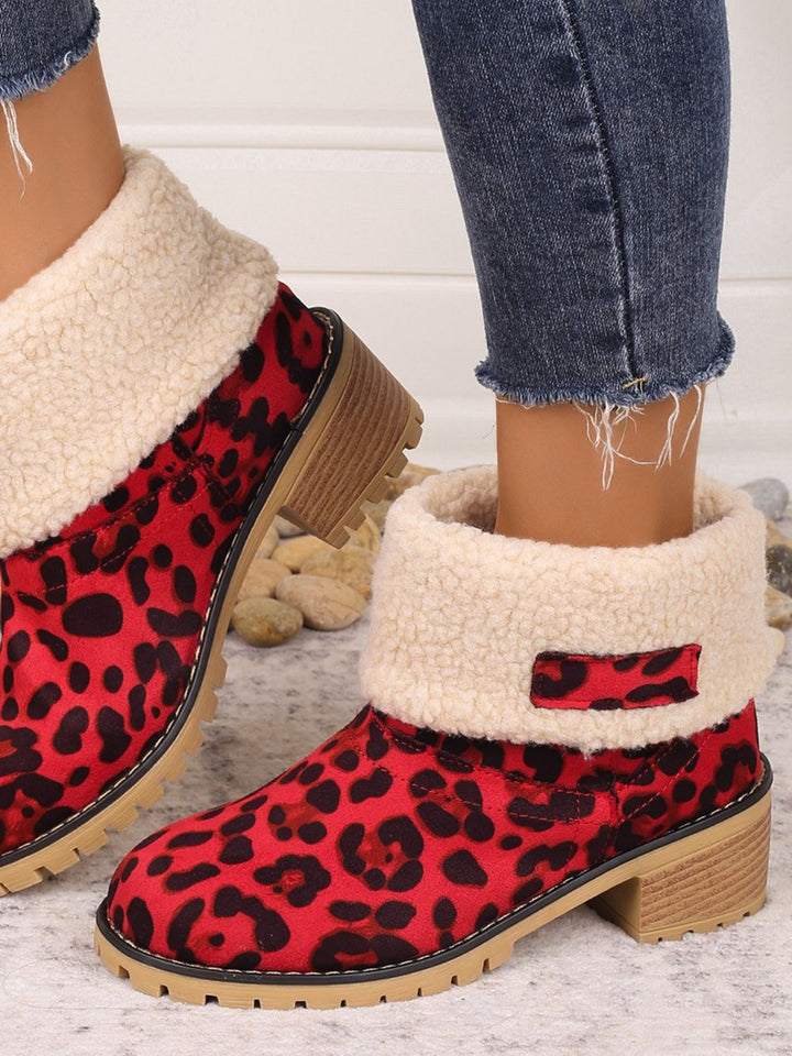 Leopard Block Heel Fuzzy Boots 