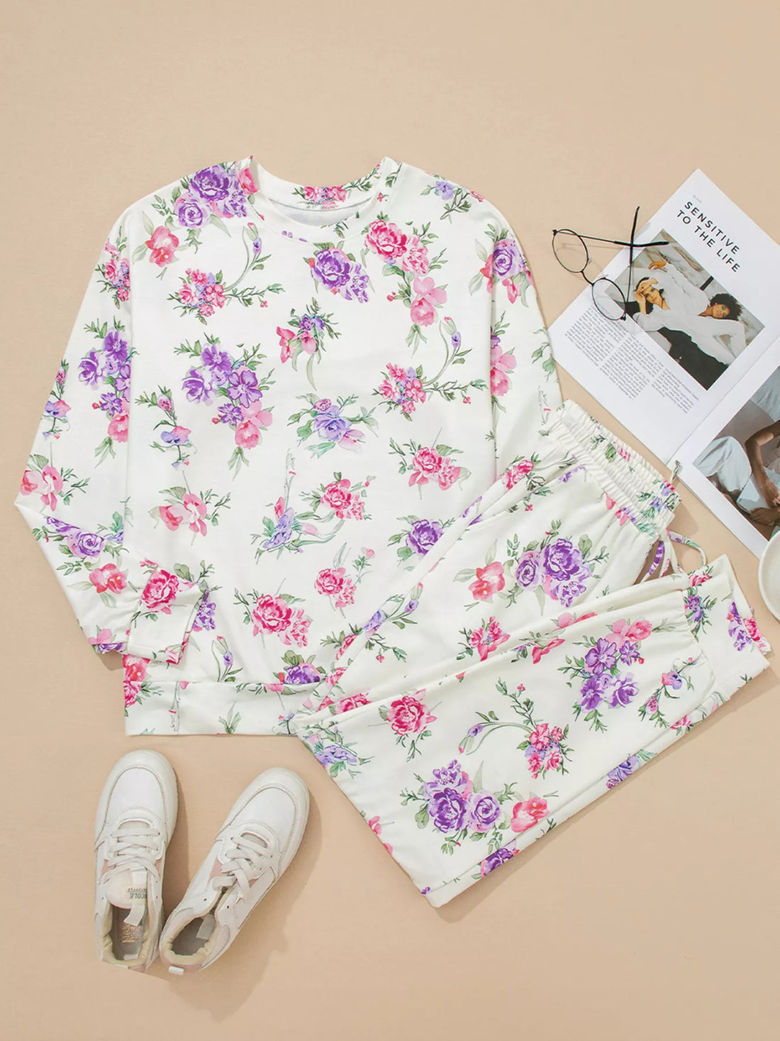 Floral Print Round Neck Top and Drawstring Pants Lounge Set Lingerie & Nightwear