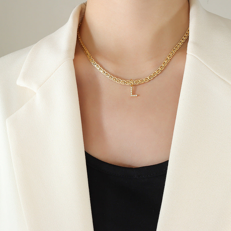 Brass Inlaid Zircon Letter Pendant Necklace 