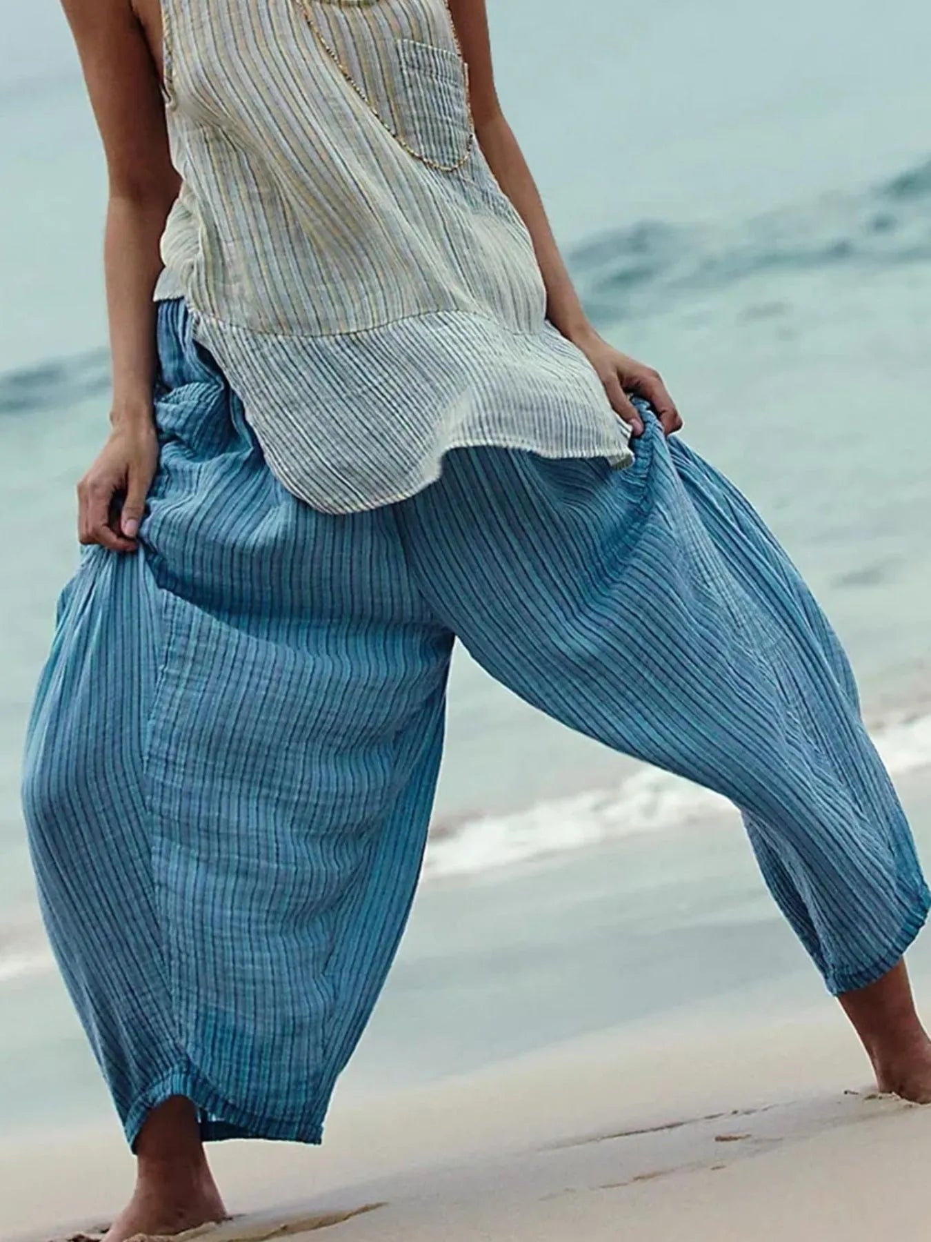Full Size Striped Wide Leg Casual Pants Plus Size 