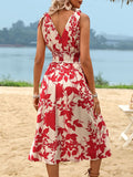 Perfee Smocked Printed Surplice Midi Dress 
