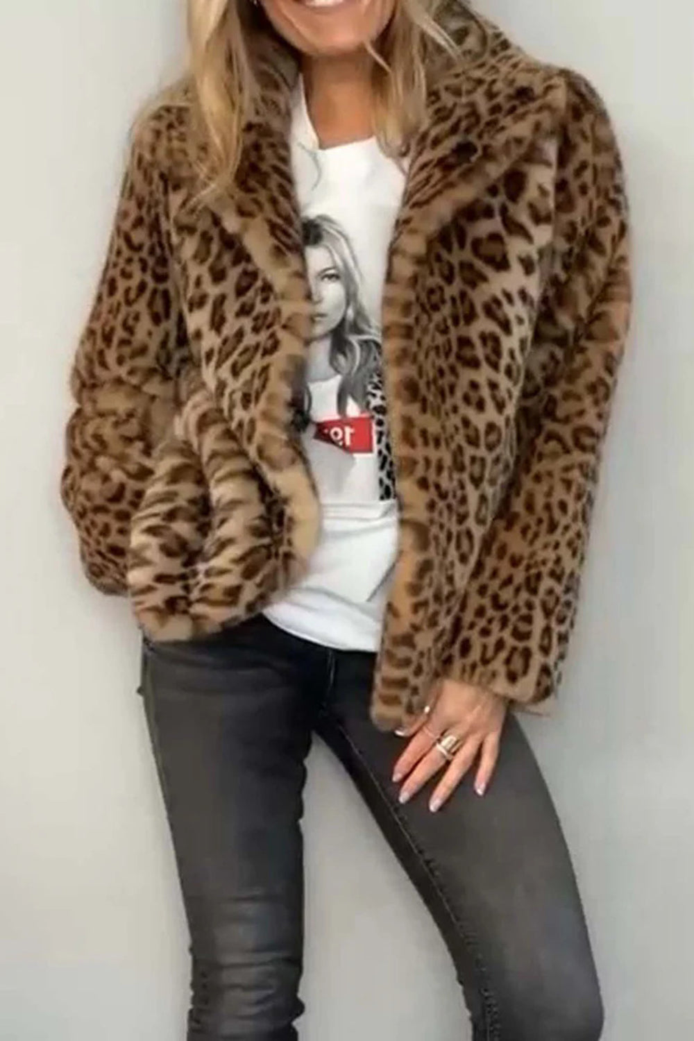 Full Size Leopard Furry Collared Neck Long Sleeve Coat 