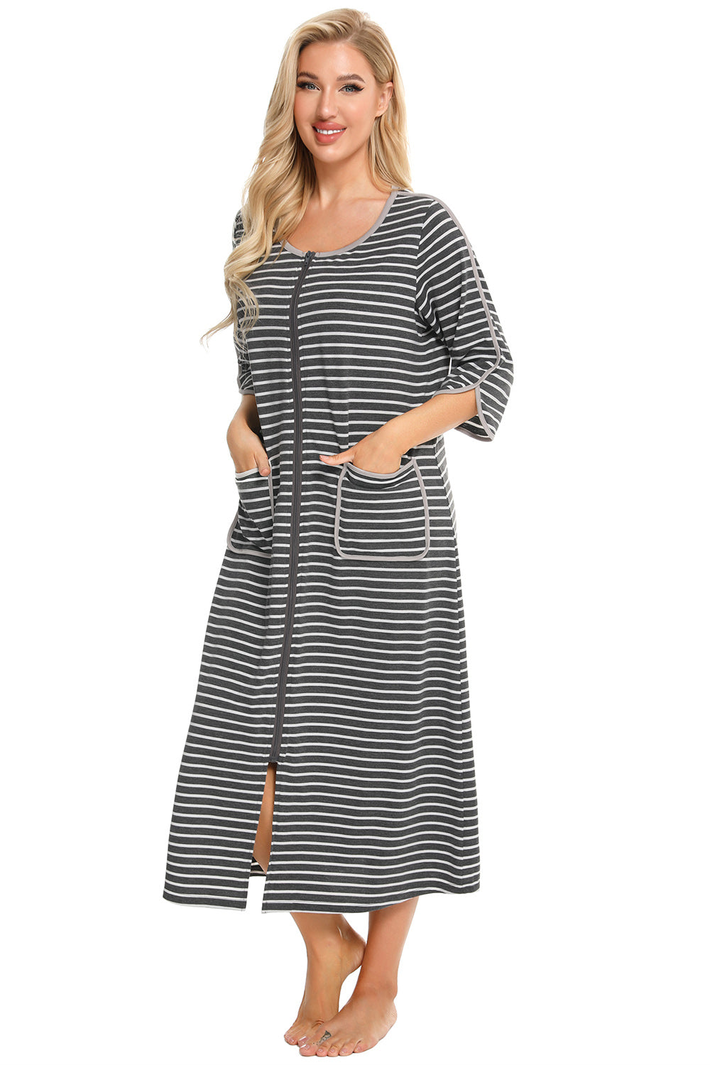 Round Neck Three-Quarter Sleeve Midi Night Dress Lingerie & Nightwear