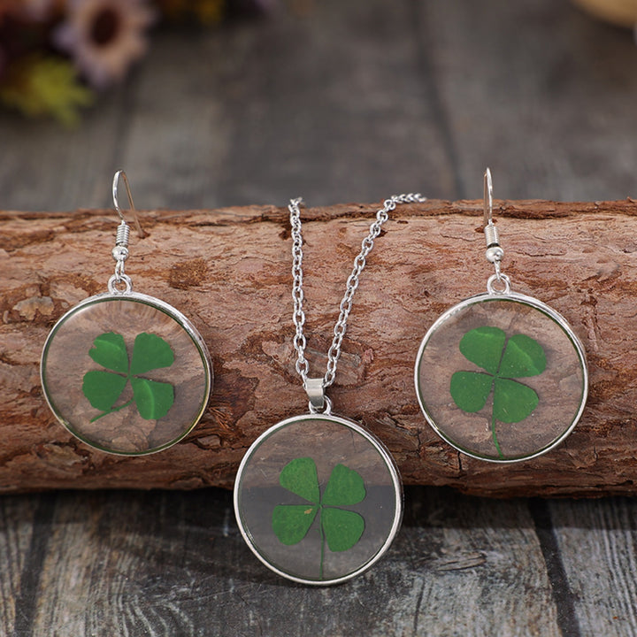 Lucky Clover Alloy Acrylic Earrings and Necklace Jewelry Set 