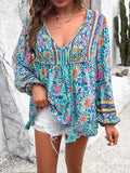Devine Printed Tie Neck Long Sleeve Blouse 