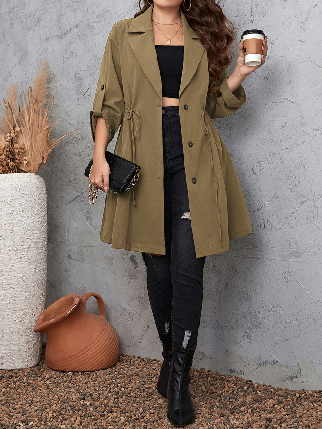 Honey Plus Size Lapel Collar Drawstring Roll-Tab Sleeve Trench Coat 