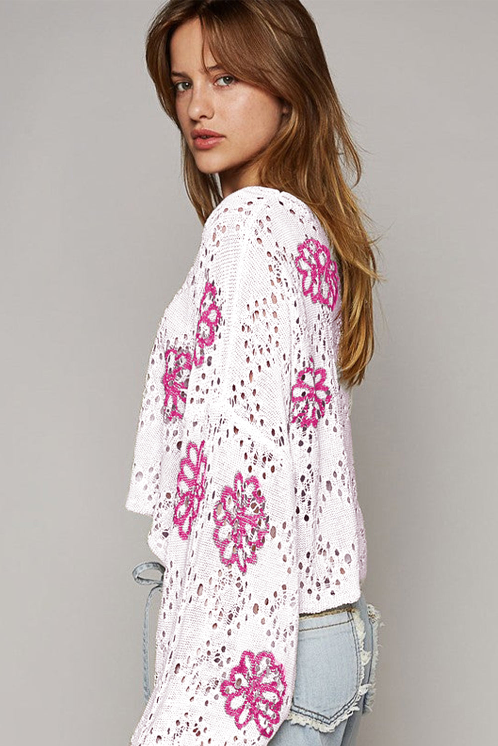 Beige Contrast Flower Print Eyelet Drop Shoulder Sweater Sweaters & Cardigans/Sweaters