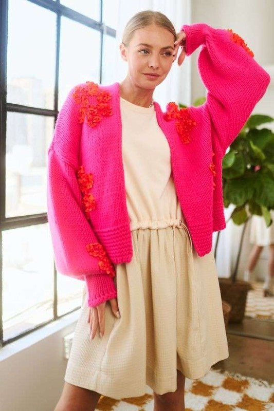 Davi & Dani Floral Applique Open Front Drop Shoulder Cardigan 