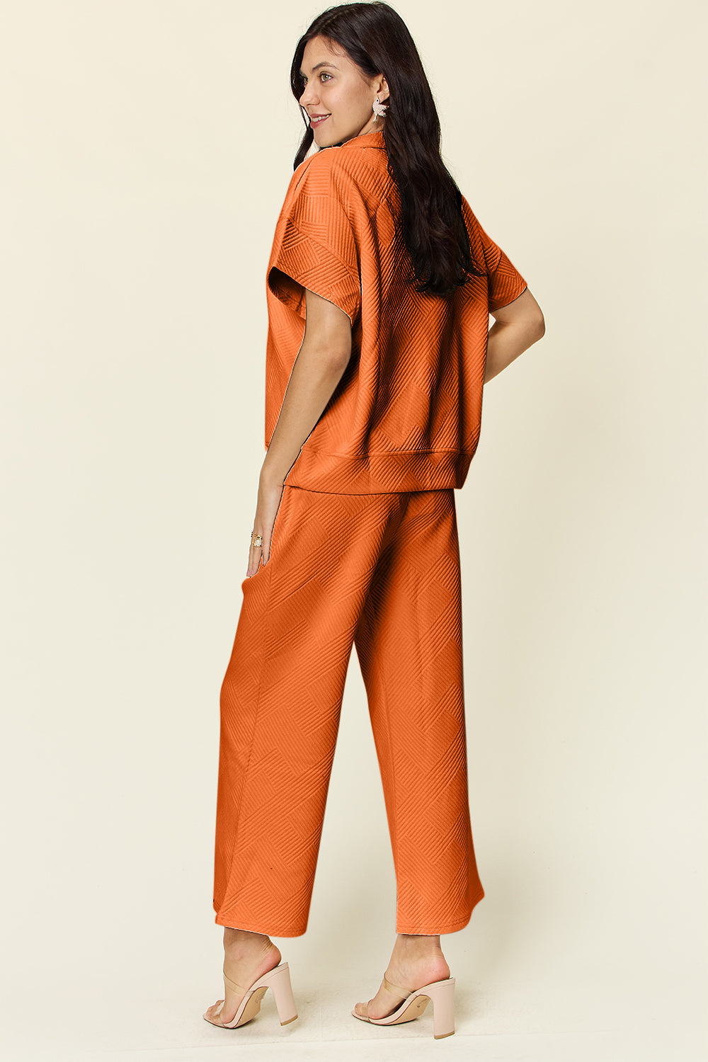 Double Take Full Size Texture Half Zip Short Sleeve Top and Pants Set 