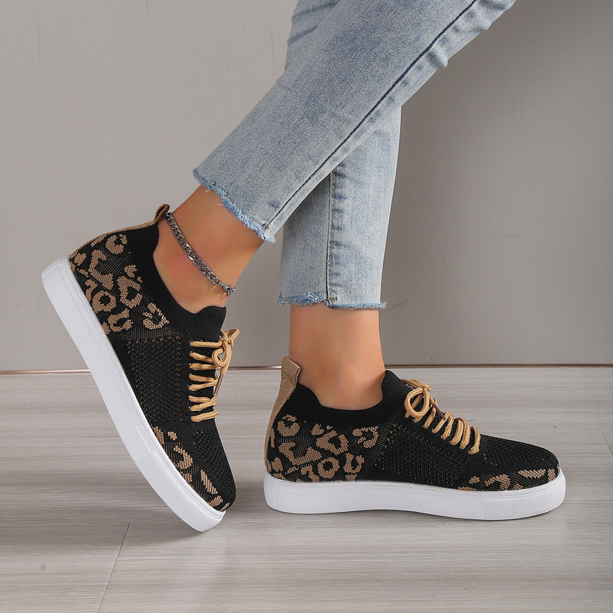 Lace-Up Leopard Flat Sneakers 