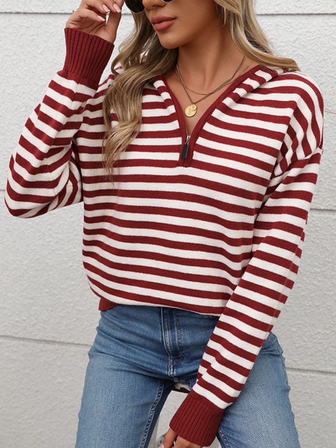 Perfee Striped Long Sleeve Hooded Sweater 