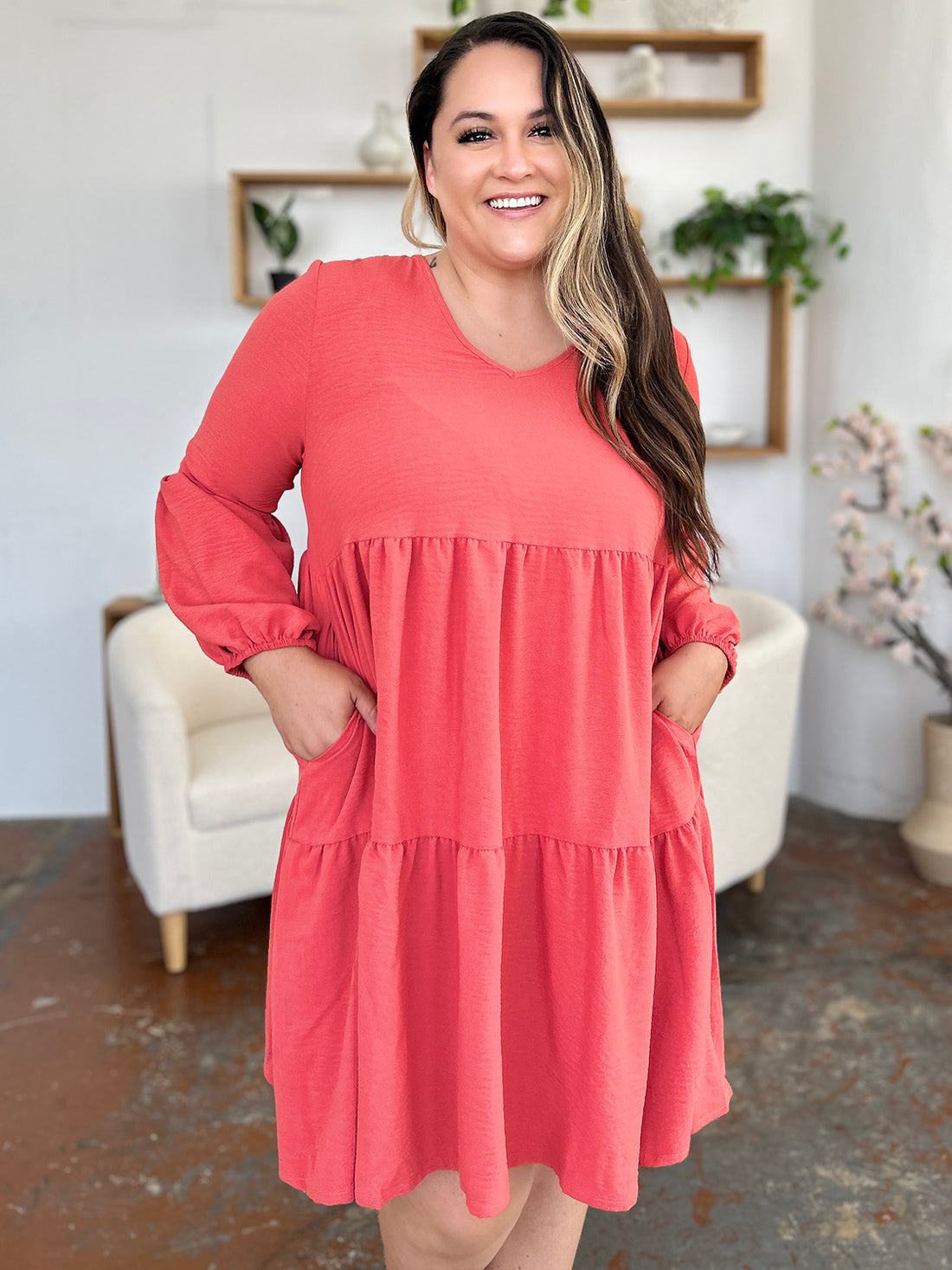 Double Take Full Size V-Neck Balloon Sleeve Tiered Dress with Pockets 