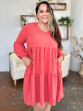 Double Take Full Size V-Neck Balloon Sleeve Tiered Dress with Pockets 