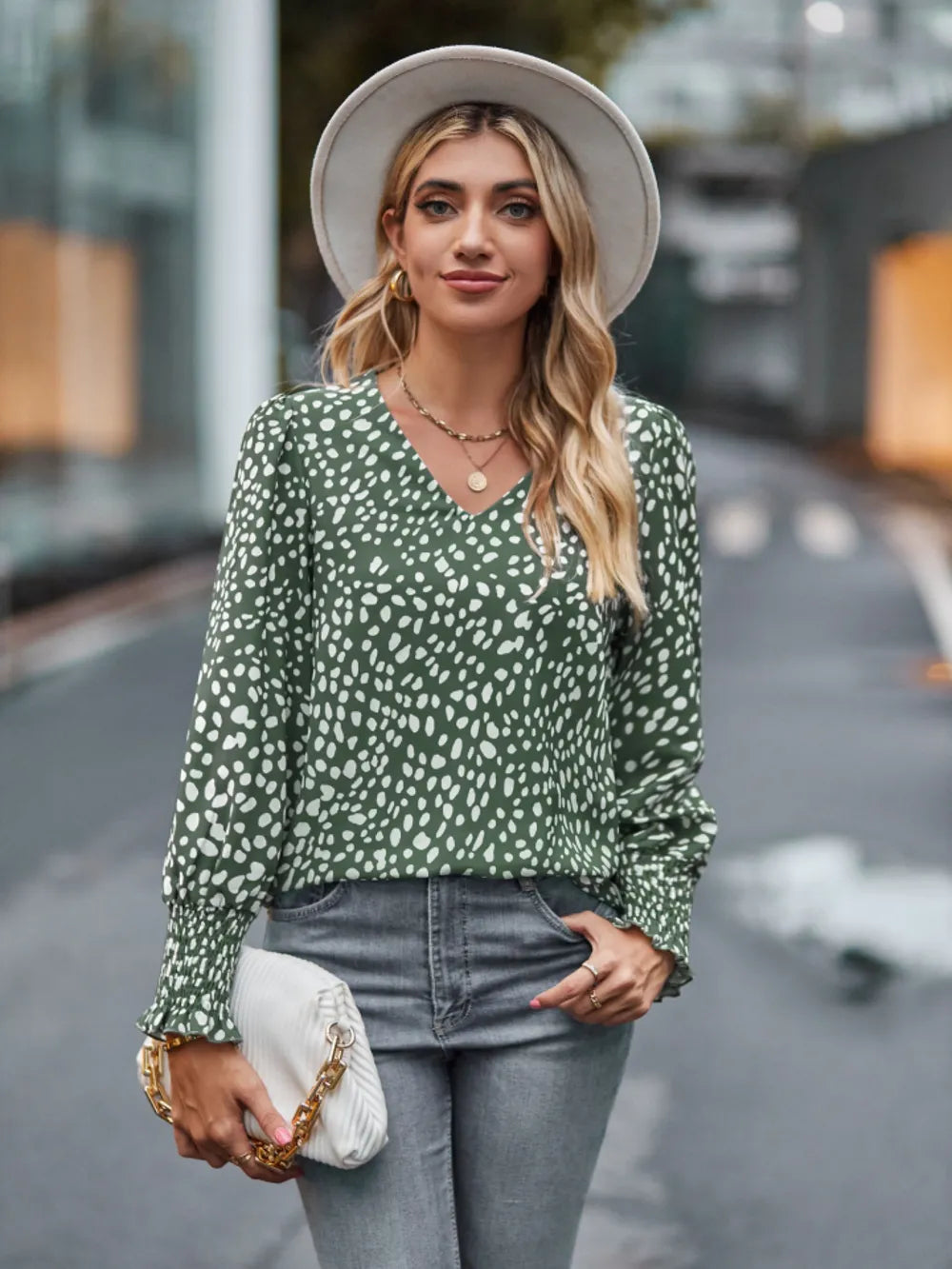 Printed V-Neck Lantern Sleeve Blouse 