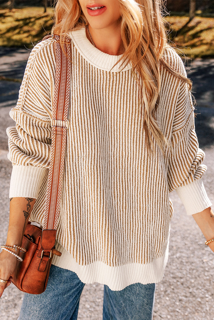 Chestnut Striped Textured Knit Contrast Edge Loose Sweater Sweaters & Cardigans/Sweaters