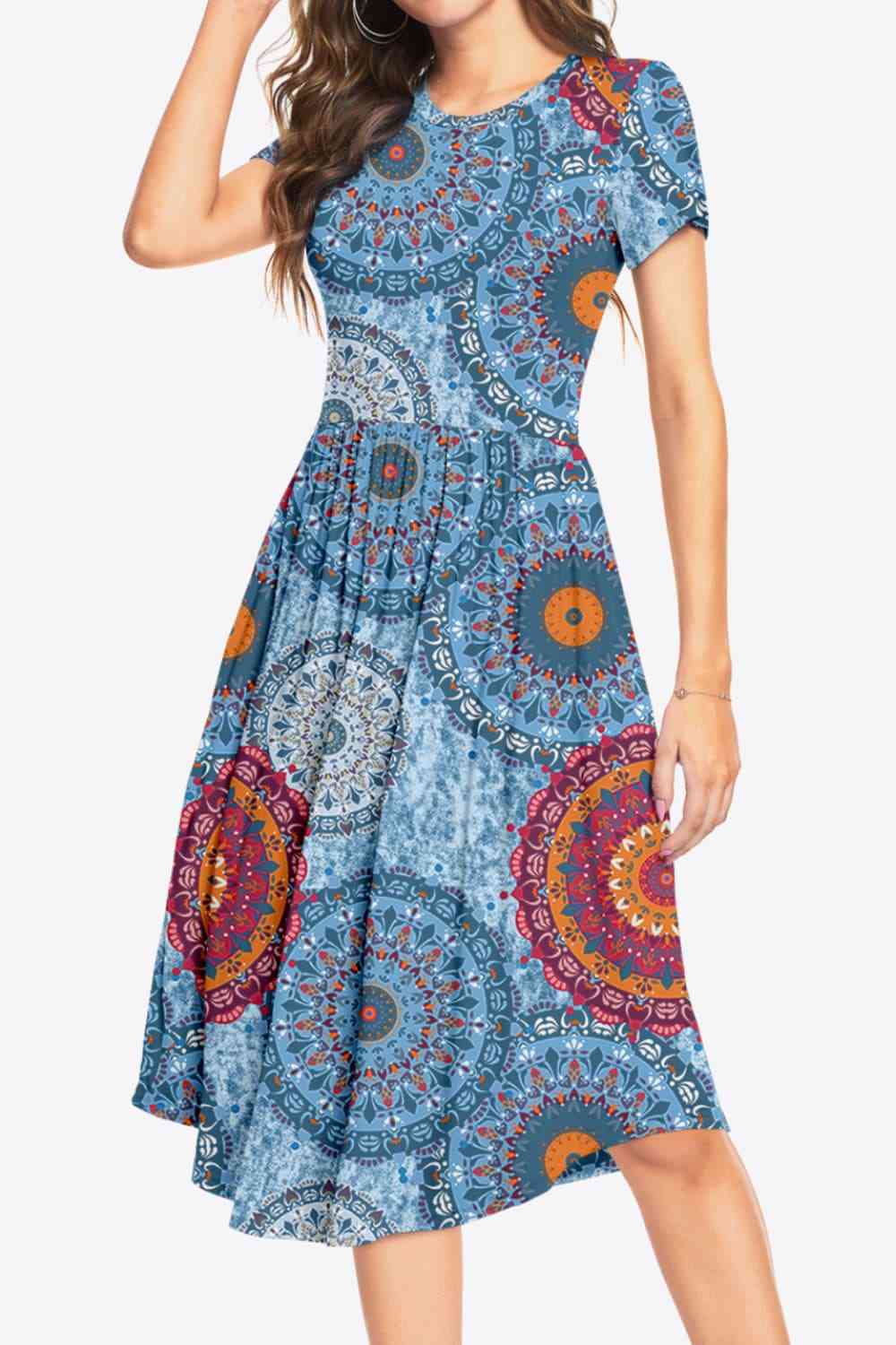 Printed Round Neck Short Sleeve Dress with Pockets Dresses