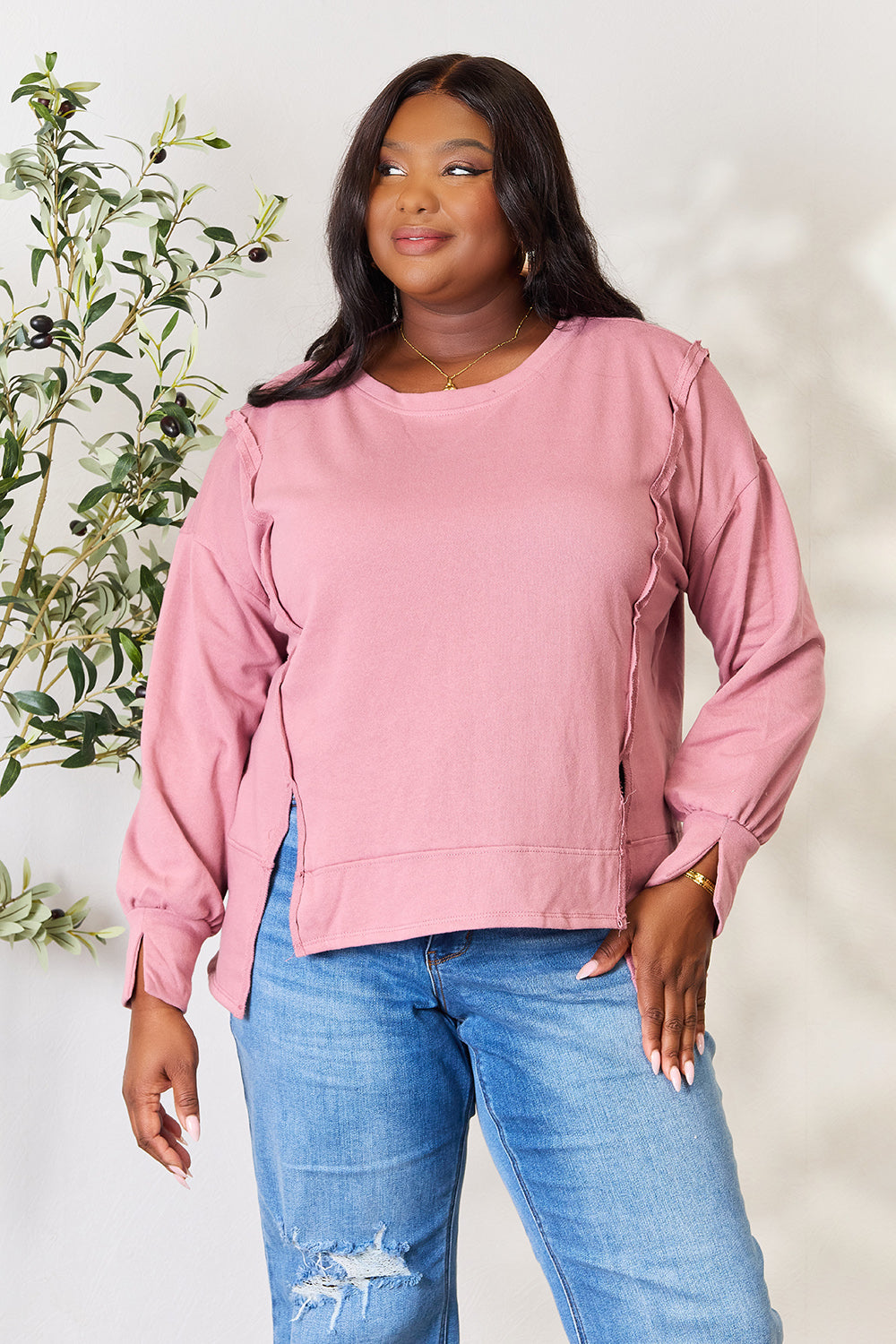 Culture Code Full Size Round Neck Exposed Seam Slit Top 