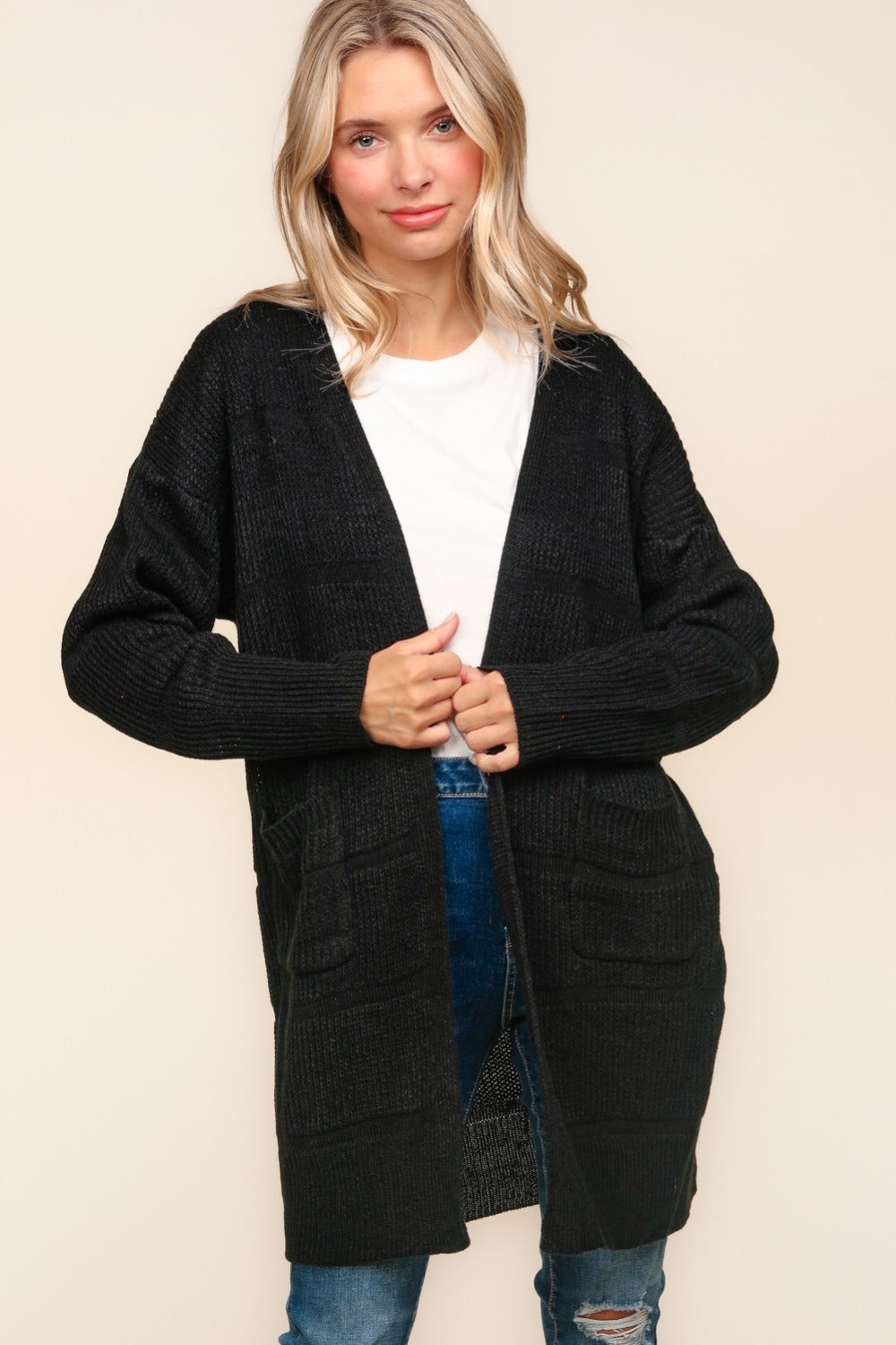 Haptics Stripe Textured Open Front Cardigan with Pockets 