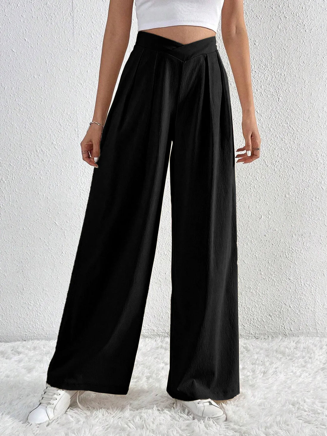 V-Waisted Ruched Front Wide Leg Pants 