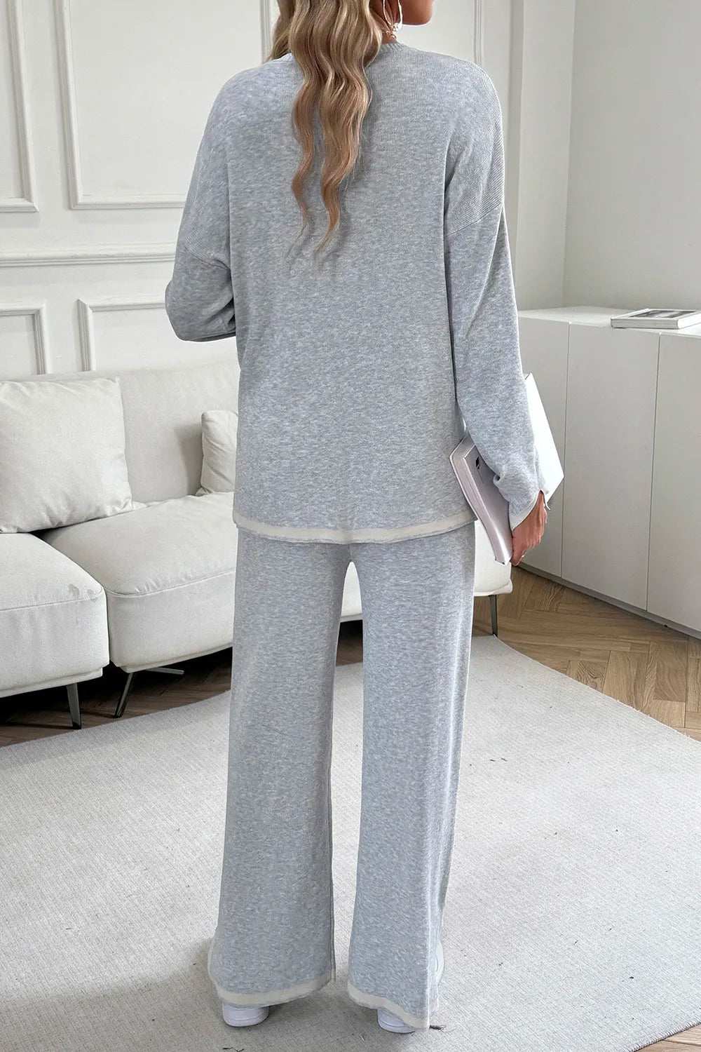 Devine Contrast Trim Round Neck Top and Pants Set 