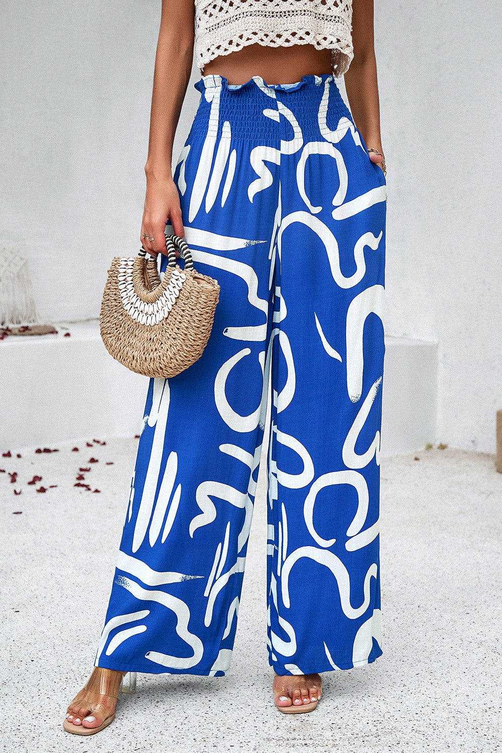 Devine Smocked Printed Wide Leg Pants with Pockets 
