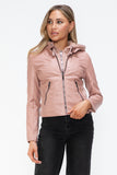 Snobbish Faux Leather Zip Up Drawstring Hooded Jacket 