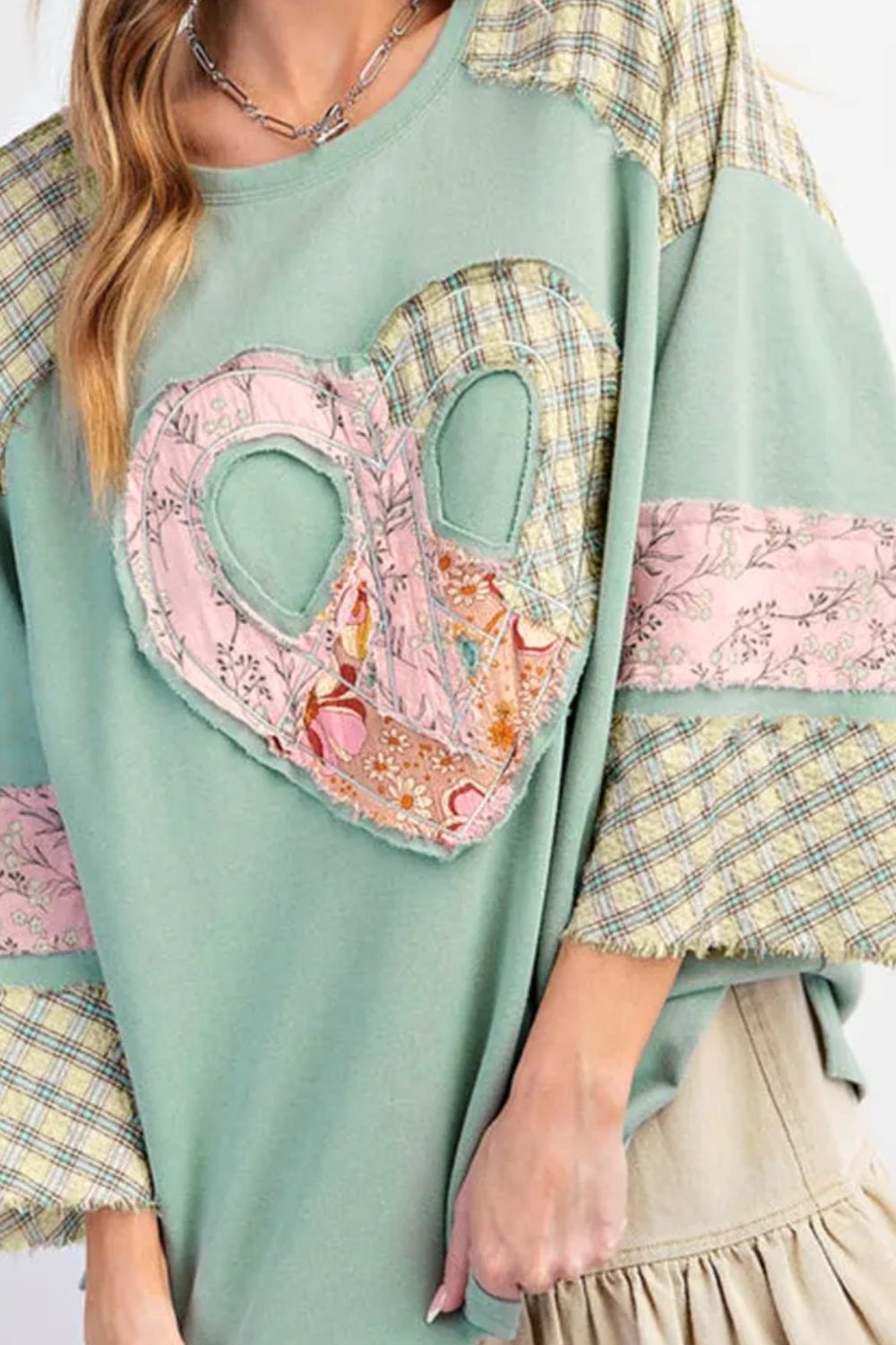 Heart Plaid Round Neck Long Sleeve Blouse 