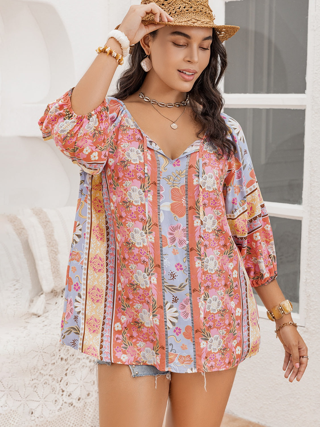 Plus Size Printed Tie Neck Balloon Sleeve Blouse 